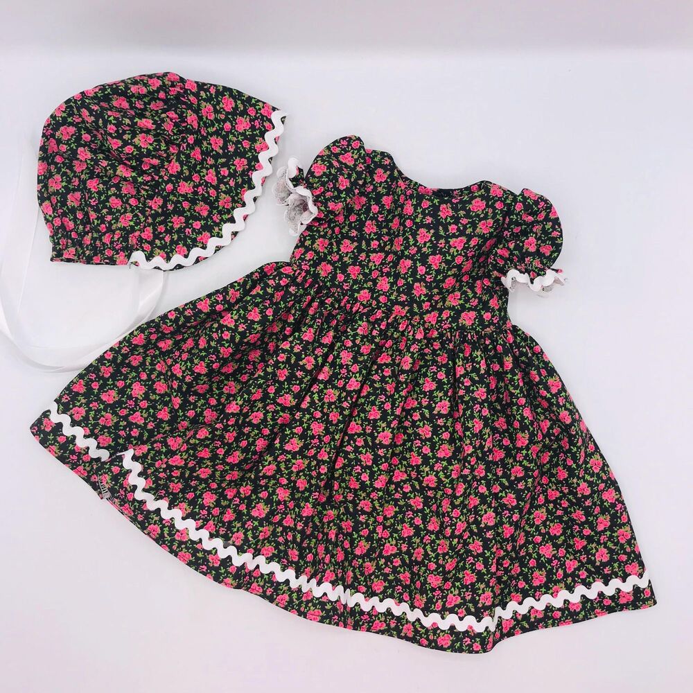 Pioneer Doll Dress & Bonnet, Handmade Outfit For 18 Inch Dolls Floral Pink Green